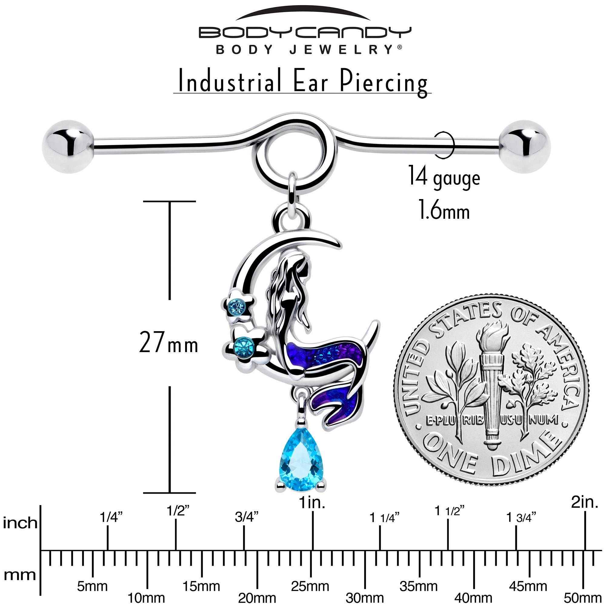 14G Blue Gem Floral Mermaid Moon Dangle Project Bar 38mm