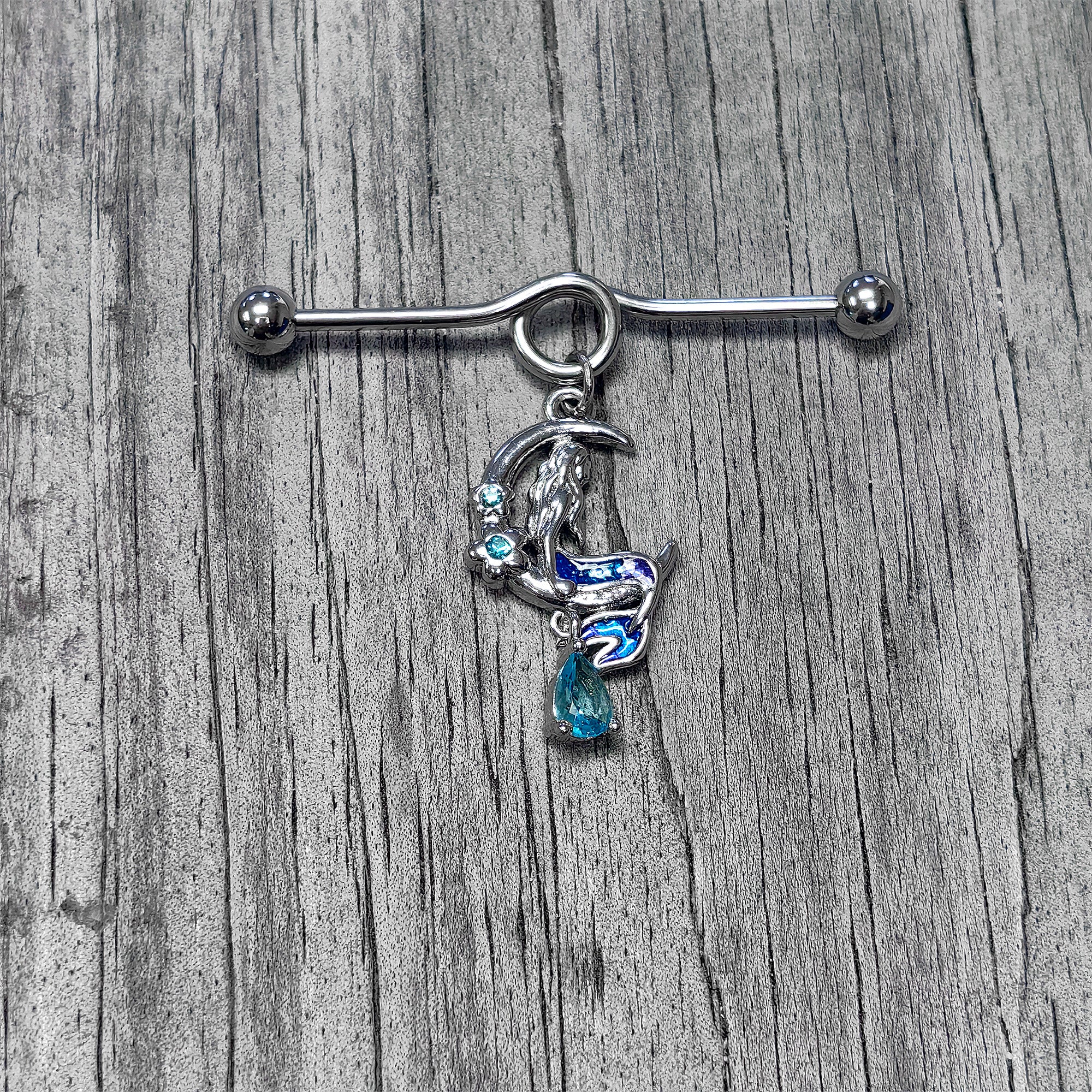 14G Blue Gem Floral Mermaid Moon Dangle Project Bar 38mm
