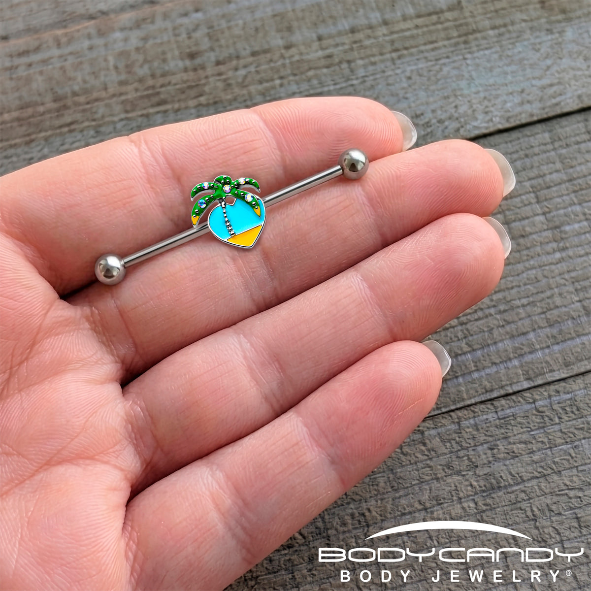 14G Beach Heart Palm Tree Industrial Barbell 38mm