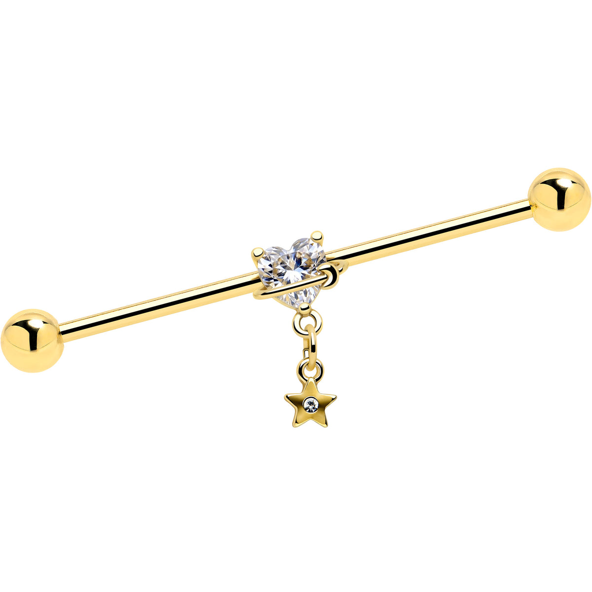 14G Clear Gem Gold Tone Starry Saturn Dangle Industrial Barbell 38mm