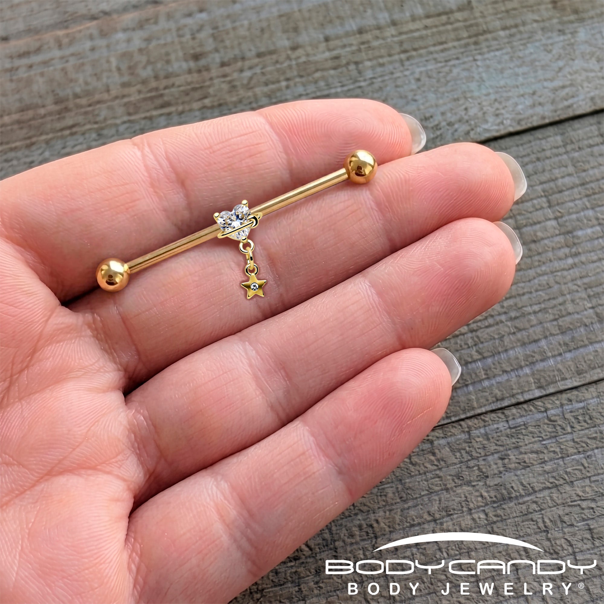14G Clear Gem Gold Tone Starry Saturn Dangle Industrial Barbell 38mm