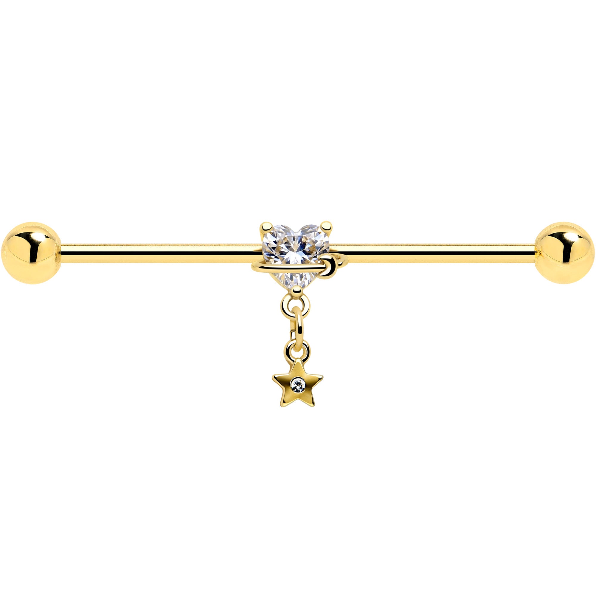 14G Clear Gem Gold Tone Starry Saturn Dangle Industrial Barbell 38mm