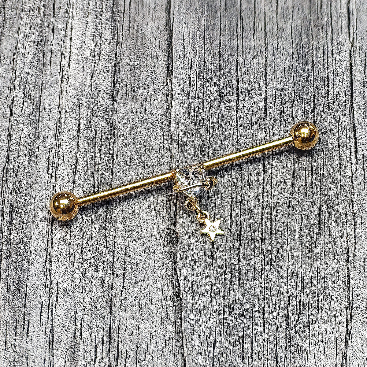 14G Clear Gem Gold Tone Starry Saturn Dangle Industrial Barbell 38mm