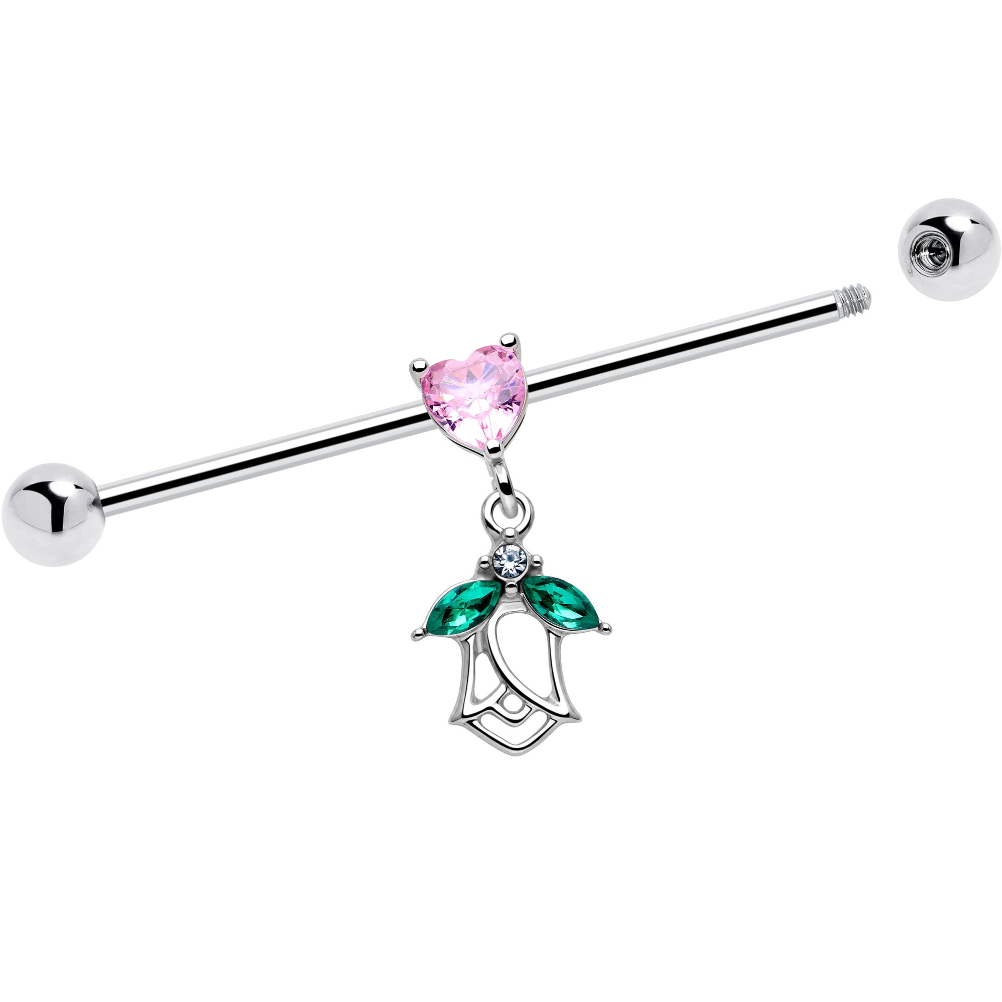 14G Pink Gem Heart And Rose Dangle Industrial Barbell 38mm
