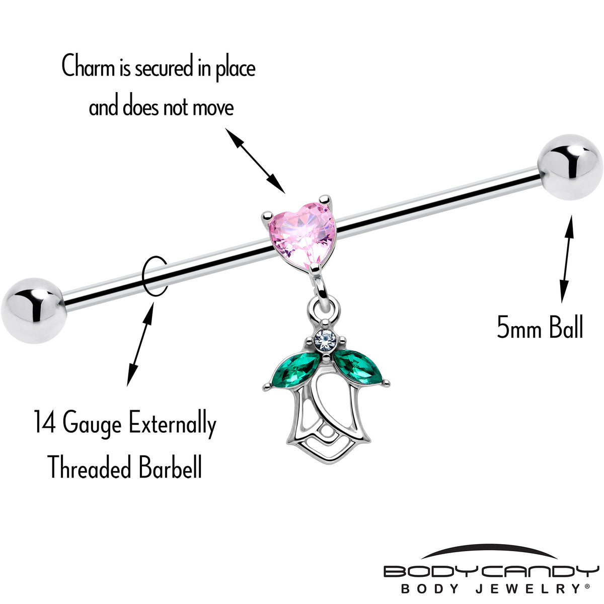 14G Pink Gem Heart And Rose Dangle Industrial Barbell 38mm