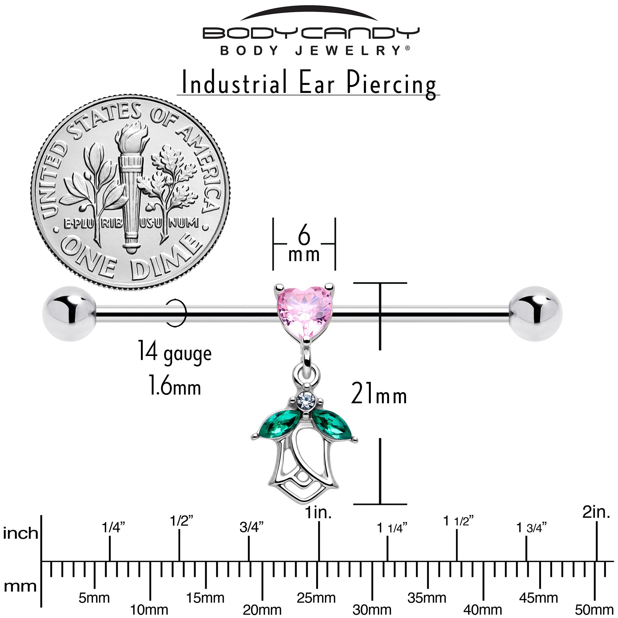 14G Pink Gem Heart And Rose Dangle Industrial Barbell 38mm