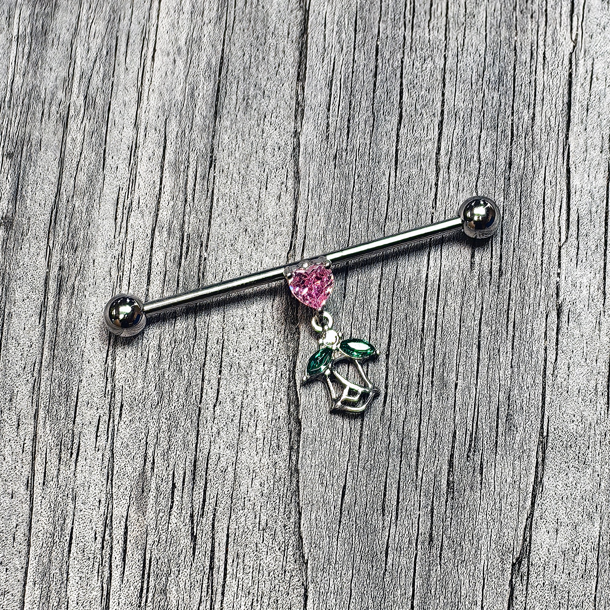 14G Pink Gem Heart And Rose Dangle Industrial Barbell 38mm