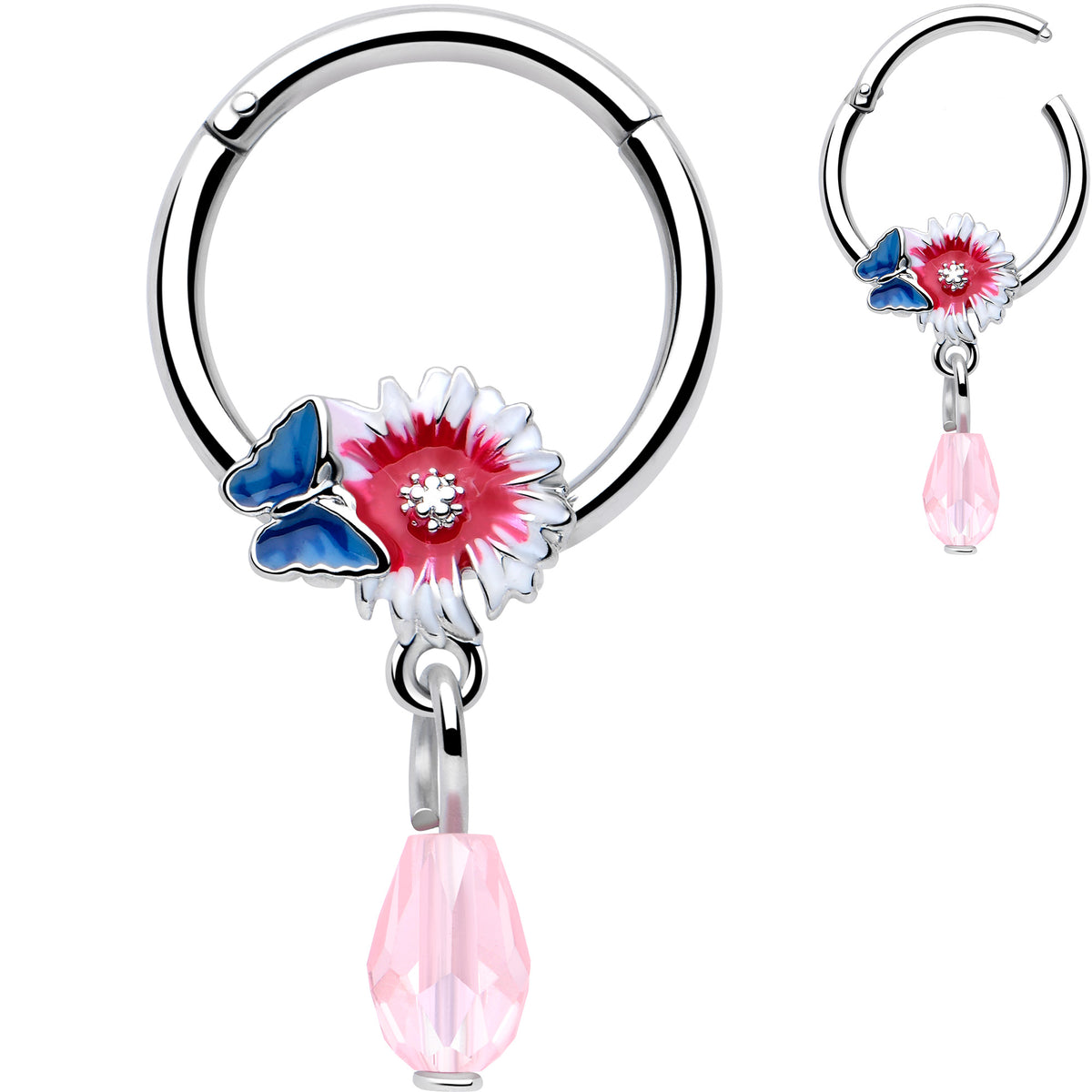 16G 3/8 Clear Gem Passion Flower Butterfly Hinged Segment Ring