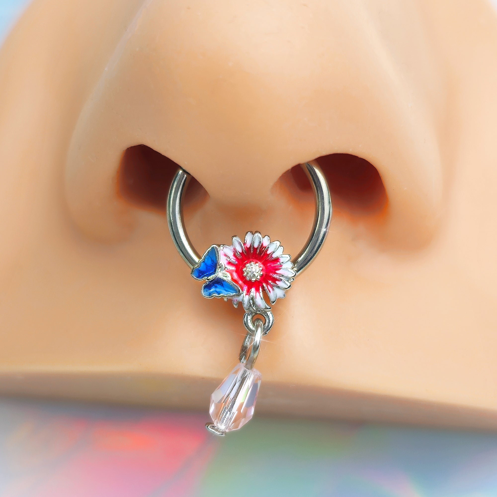 16G 3/8 Clear Gem Passion Flower Butterfly Hinged Segment Ring