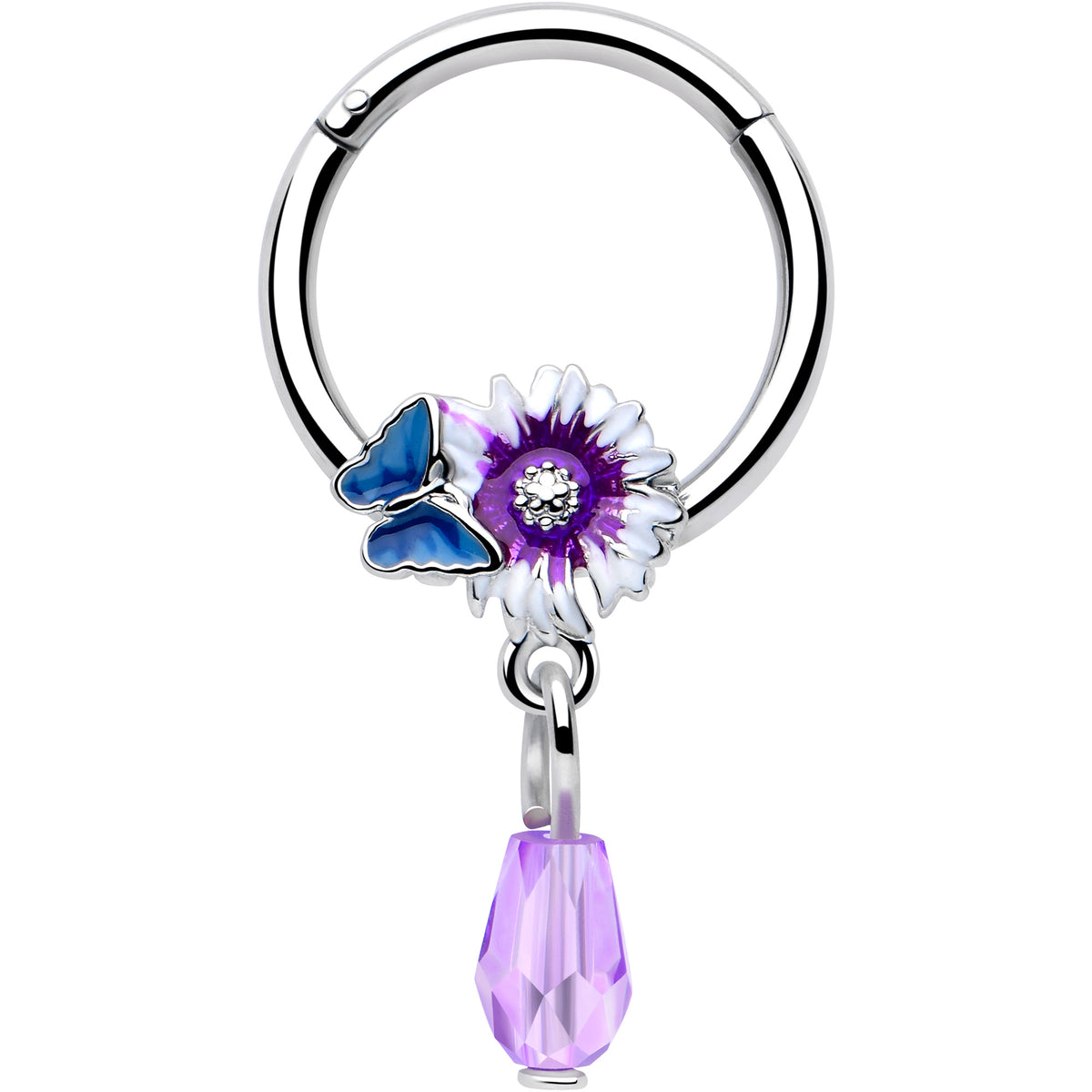 16G 3/8 Purple Gem Passion Flower Butterfly Hinged Segment Ring