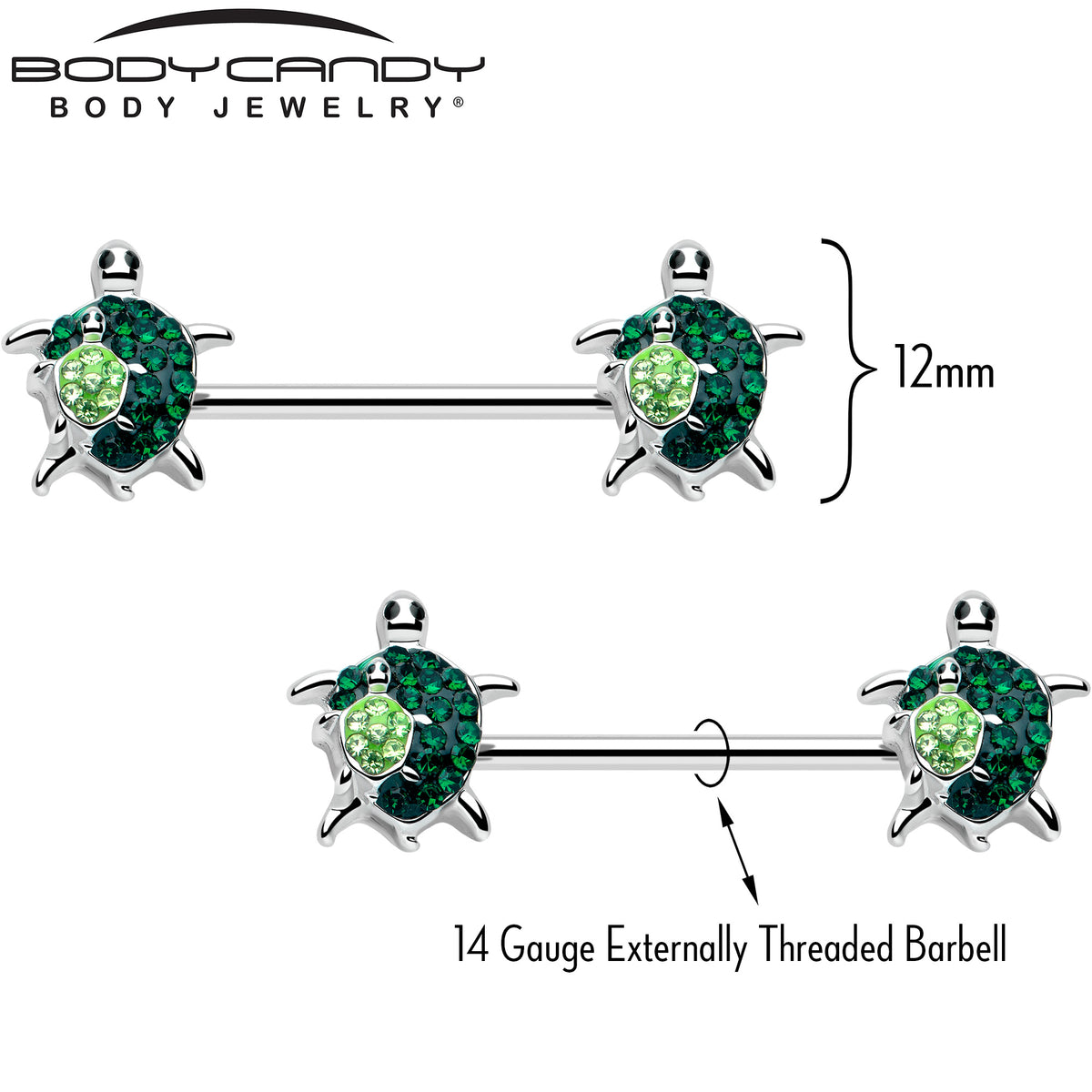 14G 9/16 Green Gem Turtle World Barbell Nipple Ring Set