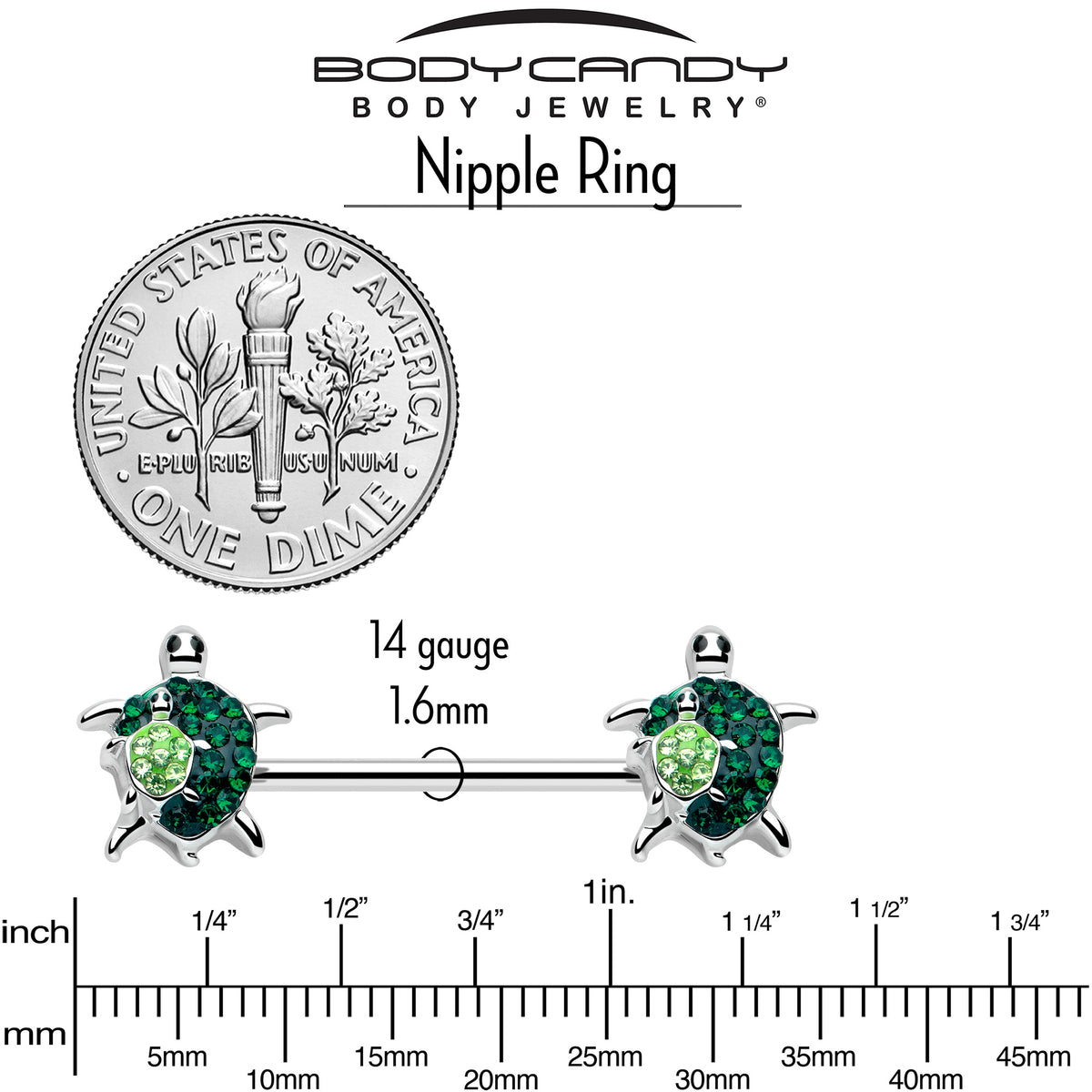 14G 9/16 Green Gem Turtle World Barbell Nipple Ring Set