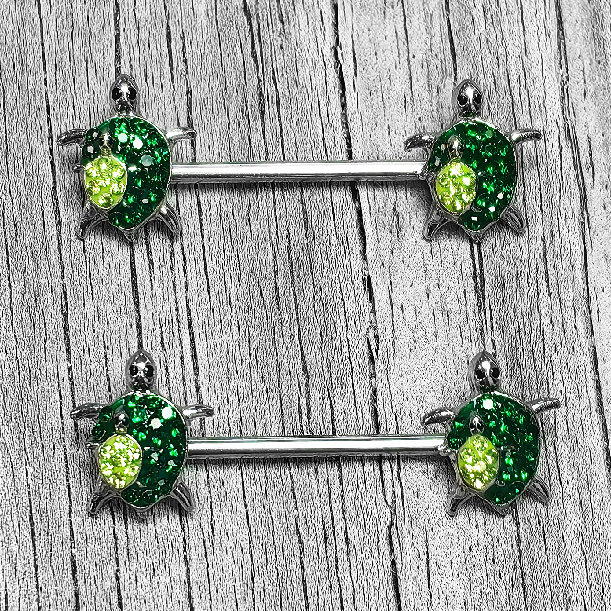 14G 9/16 Green Gem Turtle World Barbell Nipple Ring Set
