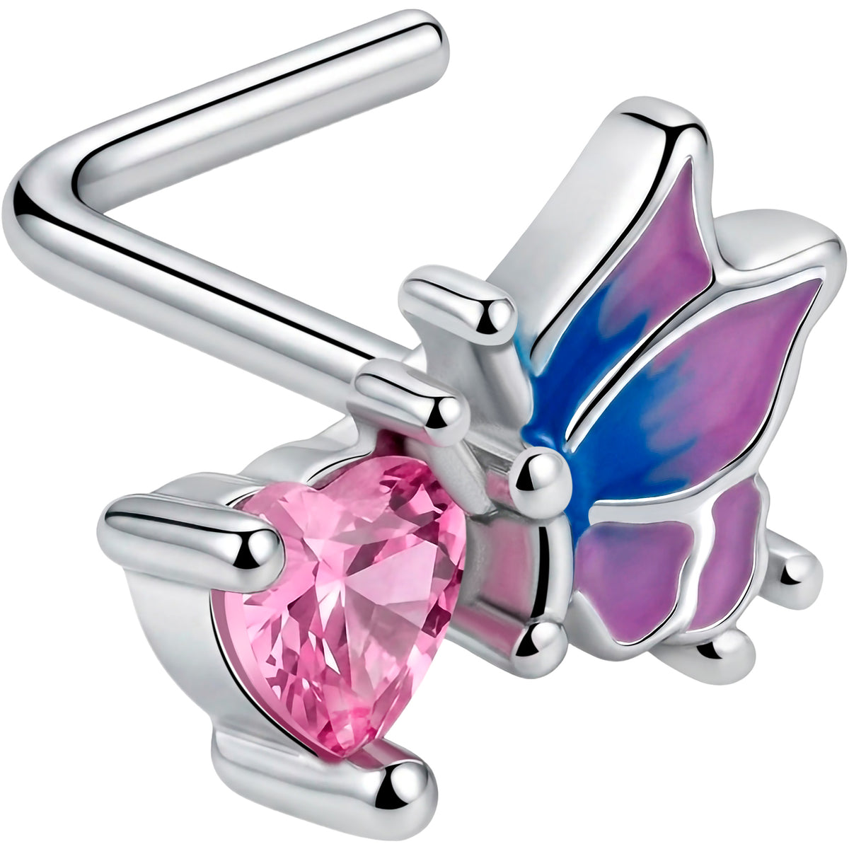 20G 1/4 Pink CZ Gem Heart Butterfly L Shape Nose Ring