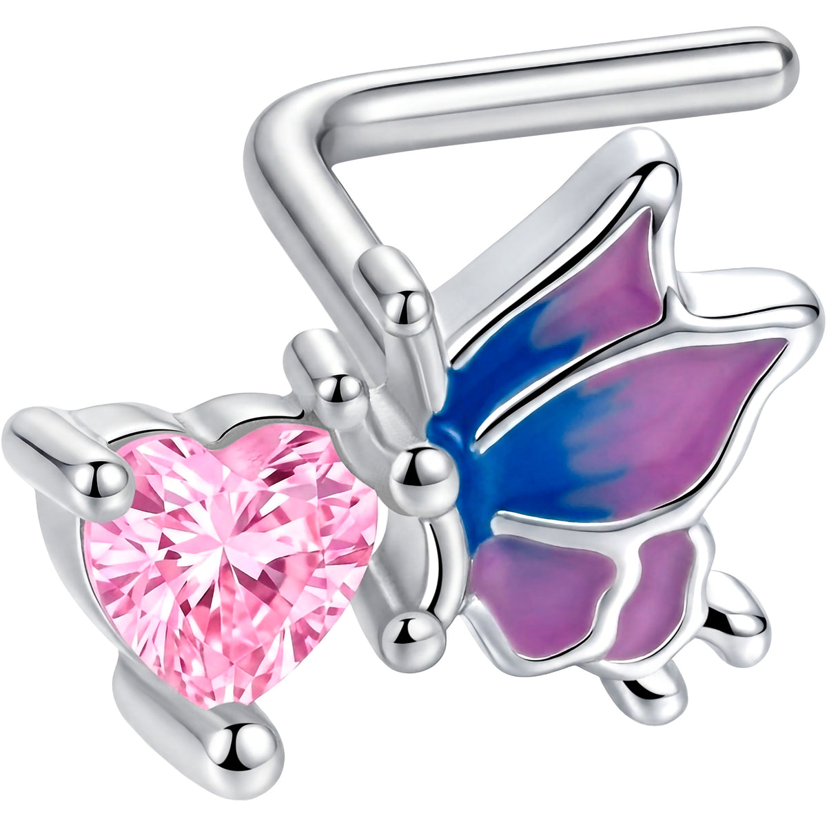 20G 1/4 Pink CZ Gem Heart Butterfly L Shape Nose Ring