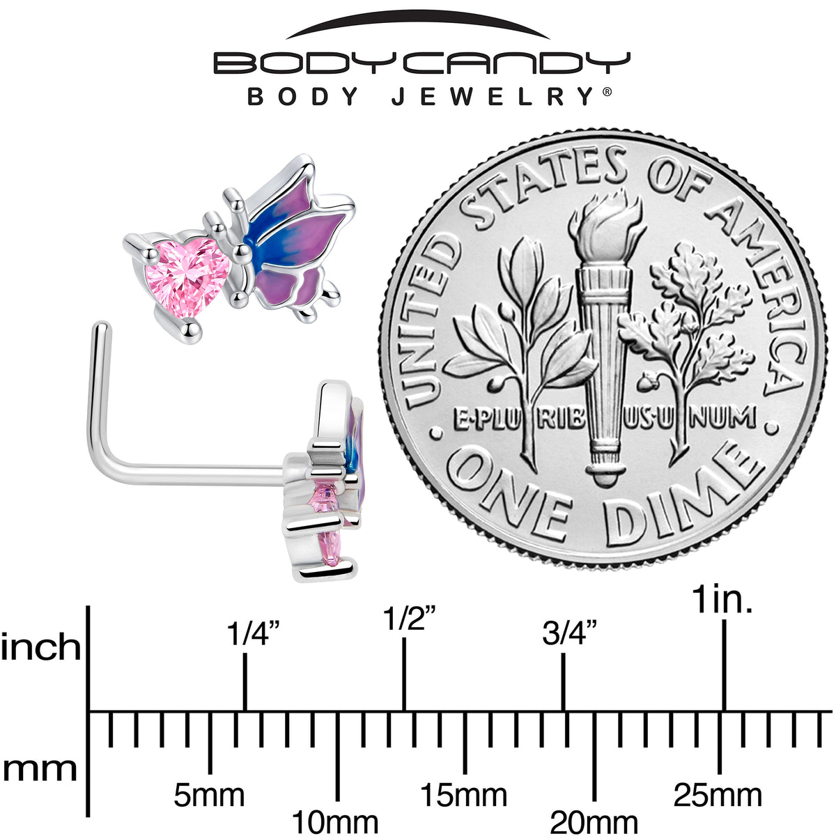 20G 1/4 Pink CZ Gem Heart Butterfly L Shape Nose Ring