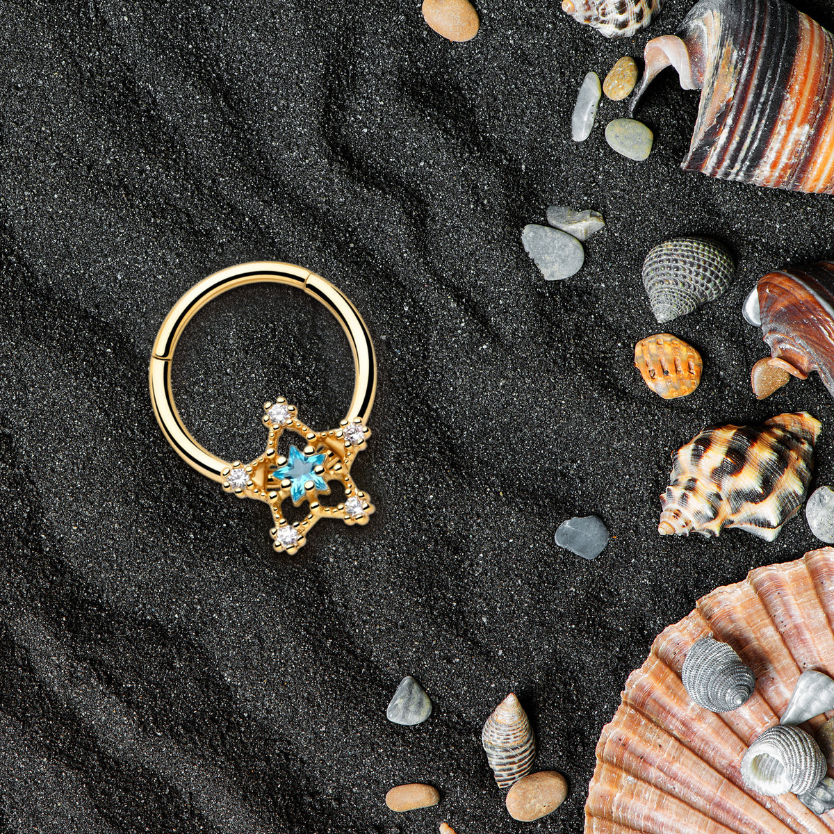 16G 3/8 Blue Clear Gem Gold Tone Starry Glam Hinged Segment Ring