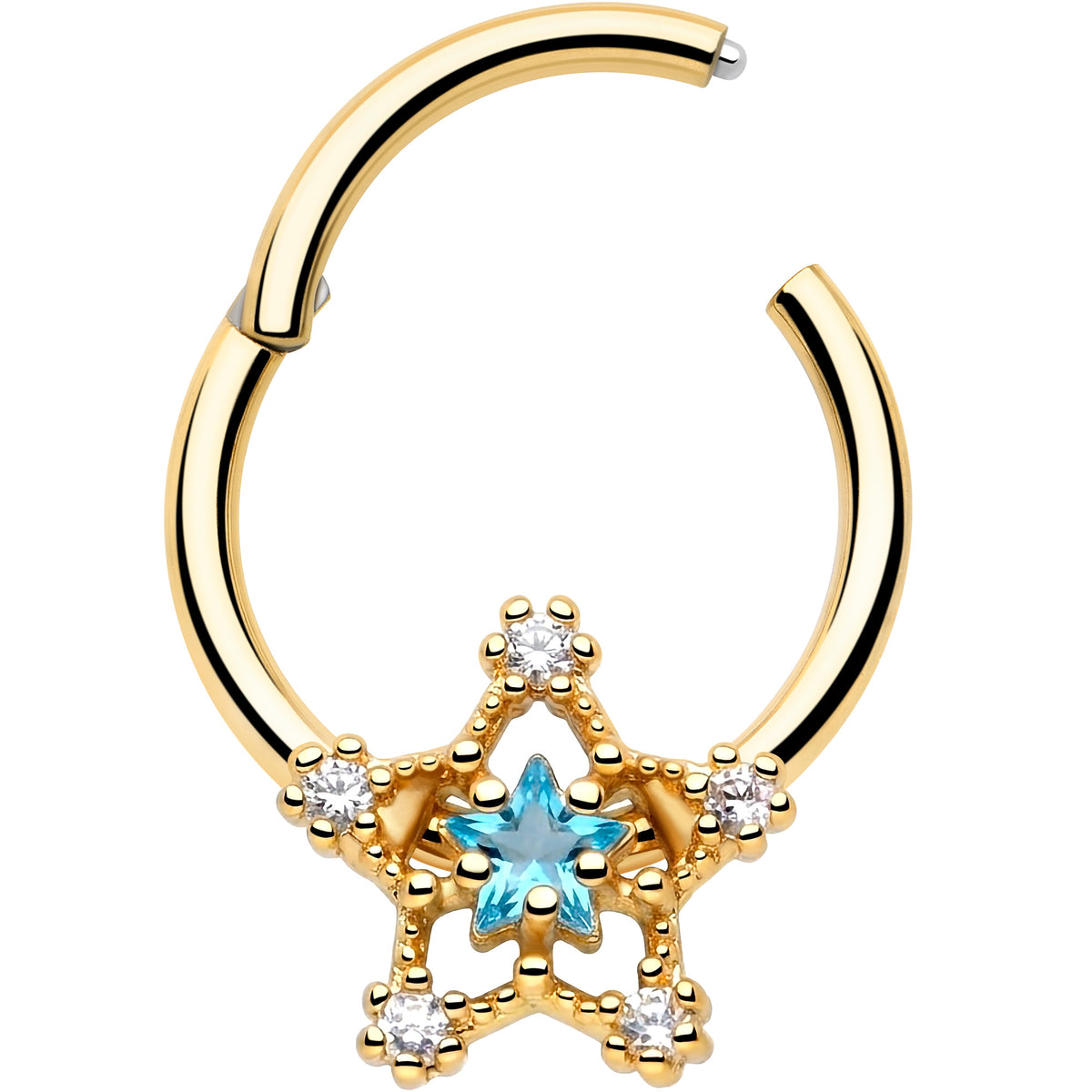 16G 3/8 Blue Clear Gem Gold Tone Starry Glam Hinged Segment Ring