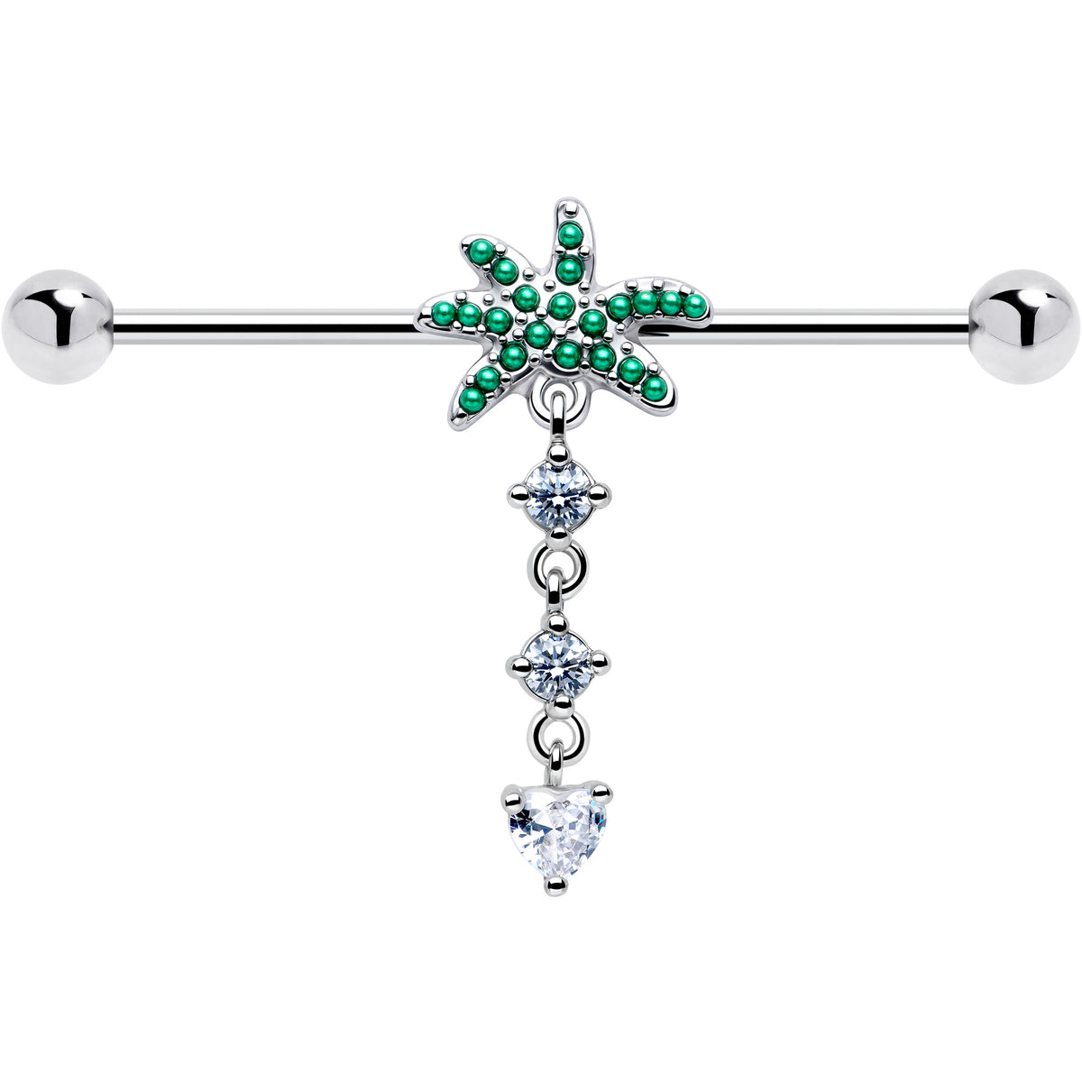 14G Clear Gem Palm Tree Love Dangle Industrial Barbell 38mm