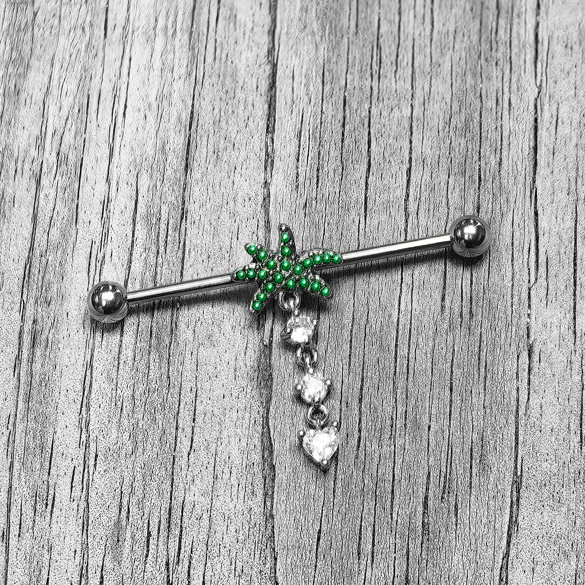 14G Clear Gem Palm Tree Love Dangle Industrial Barbell 38mm