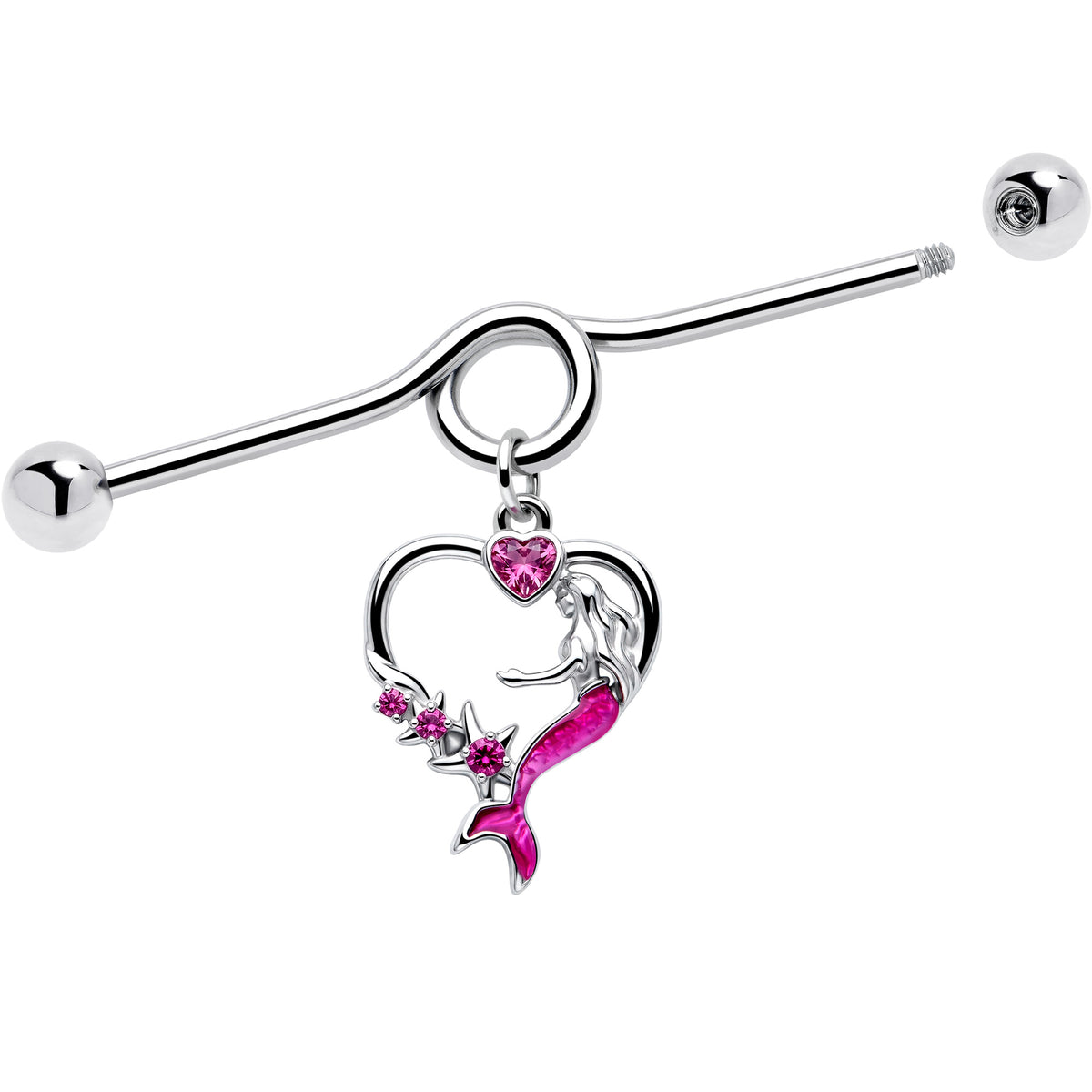 14G Pink Gem Mermaid Tail Stars Dangle Project Bar 38mm