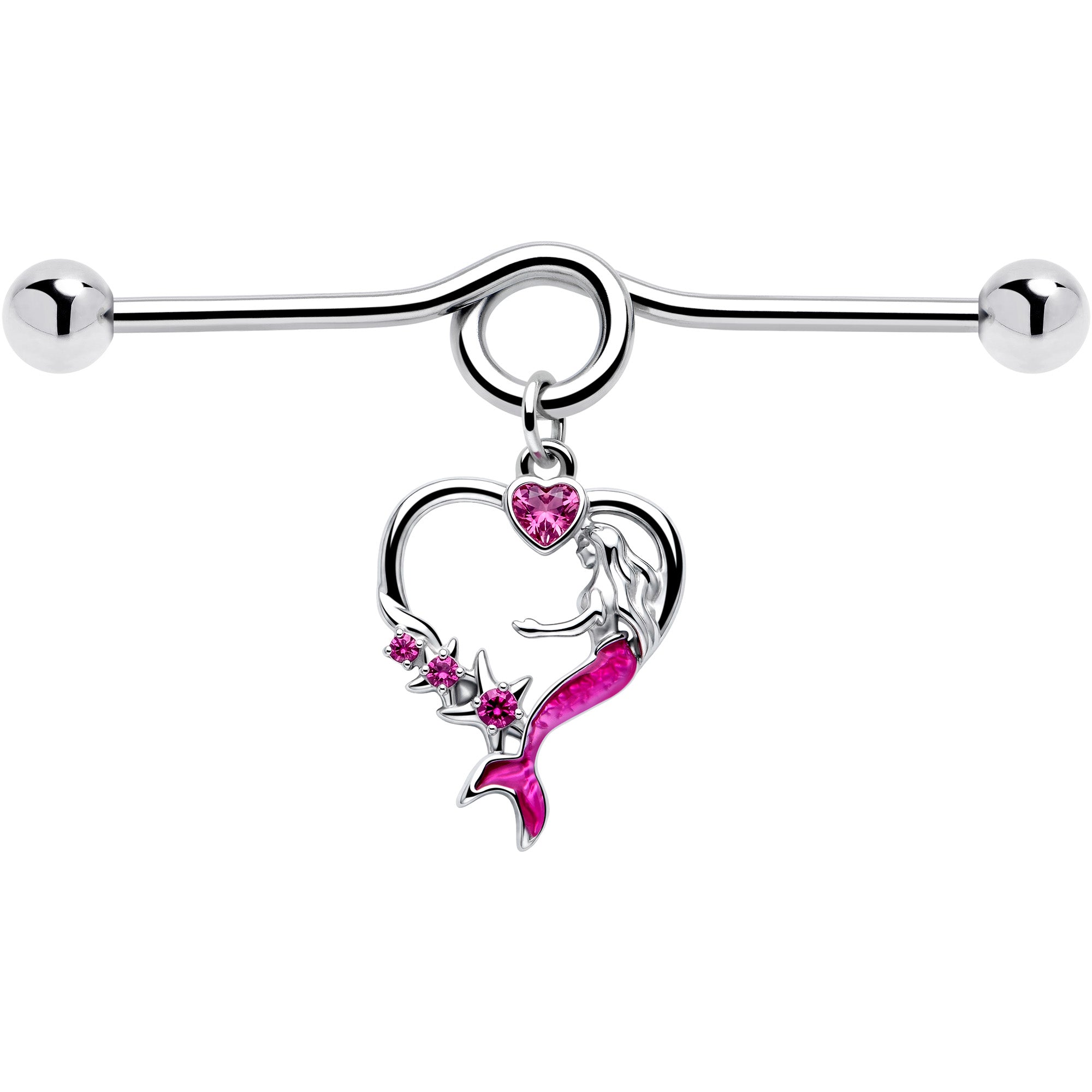 14G Pink Gem Mermaid Tail Stars Dangle Project Bar 38mm
