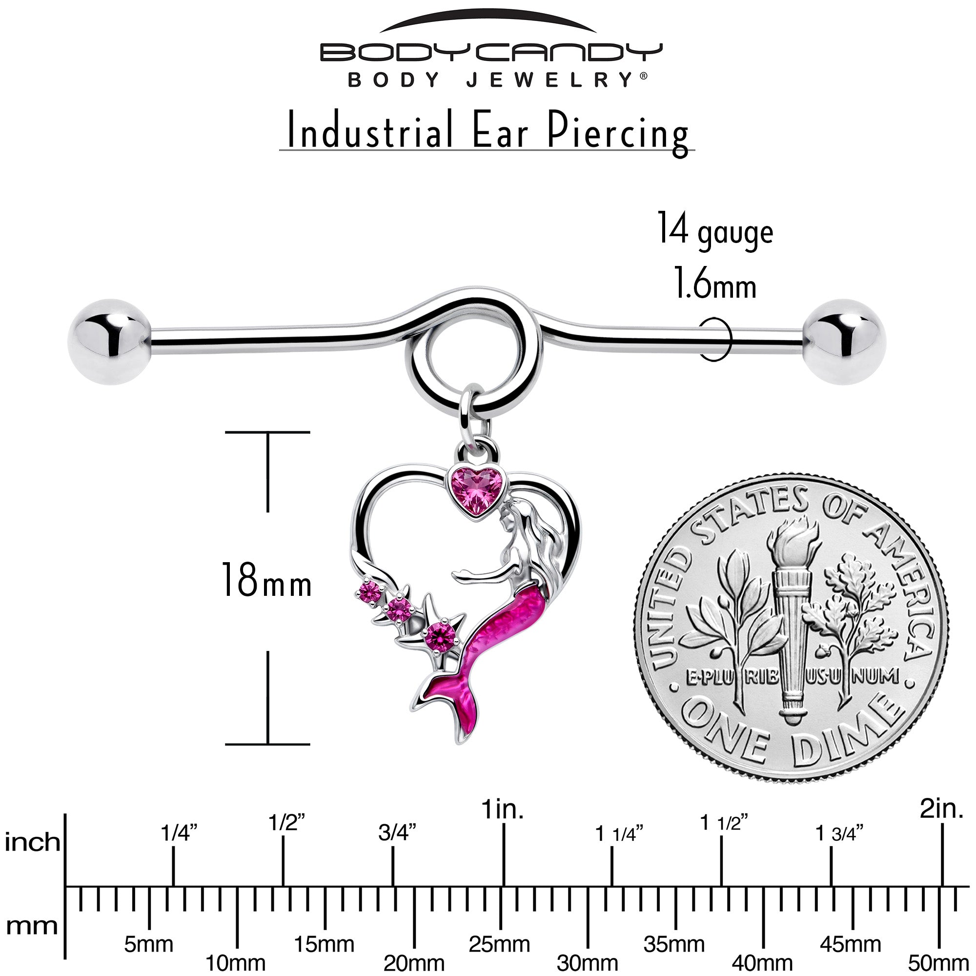 14G Pink Gem Mermaid Tail Stars Dangle Project Bar 38mm