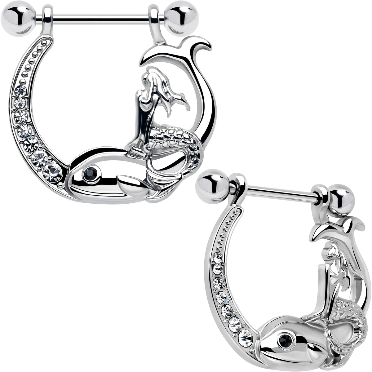 14G 9/16 Clear Black Gem Riding Mermaid Dangle Nipple Ring Set