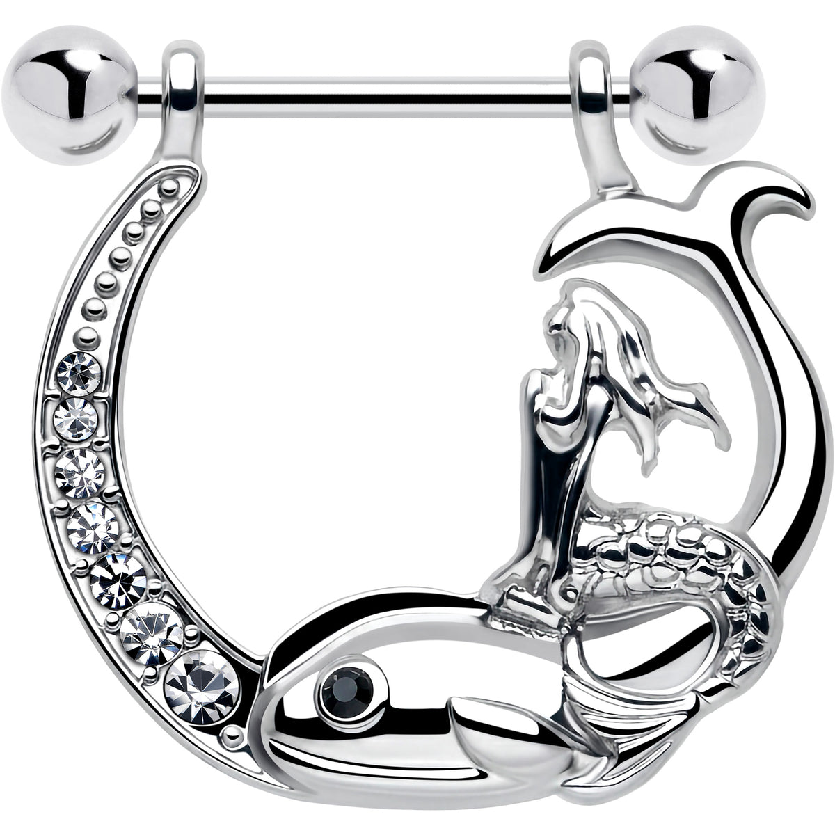 14G 9/16 Clear Black Gem Riding Mermaid Dangle Nipple Ring Set