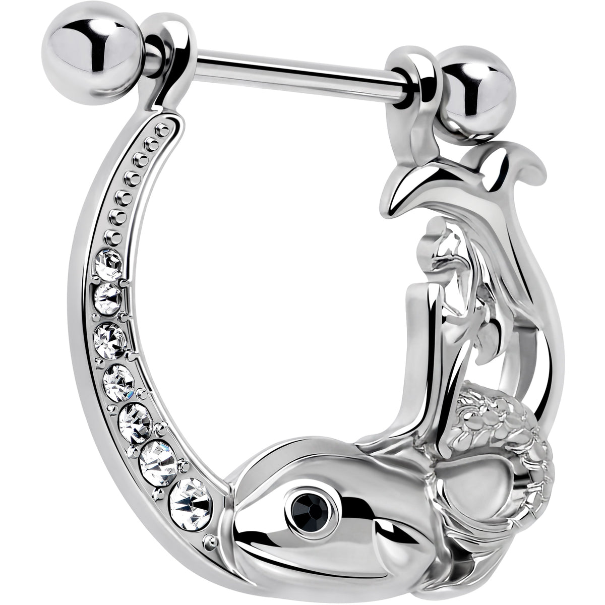 14G 9/16 Clear Black Gem Riding Mermaid Dangle Nipple Ring Set