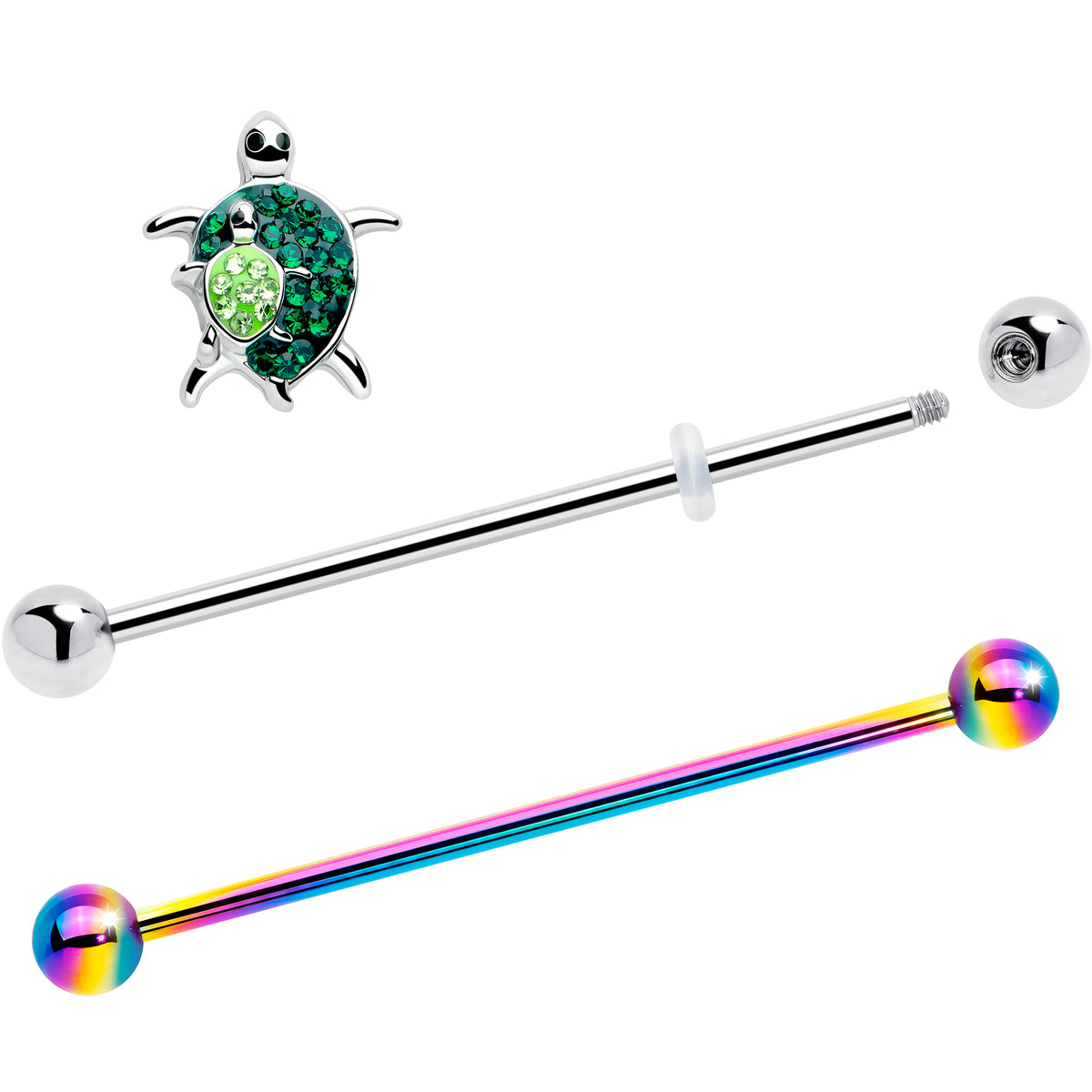 14G Green Gem Rainbow Turtle World Industrial Barbell 38mm Set of 2