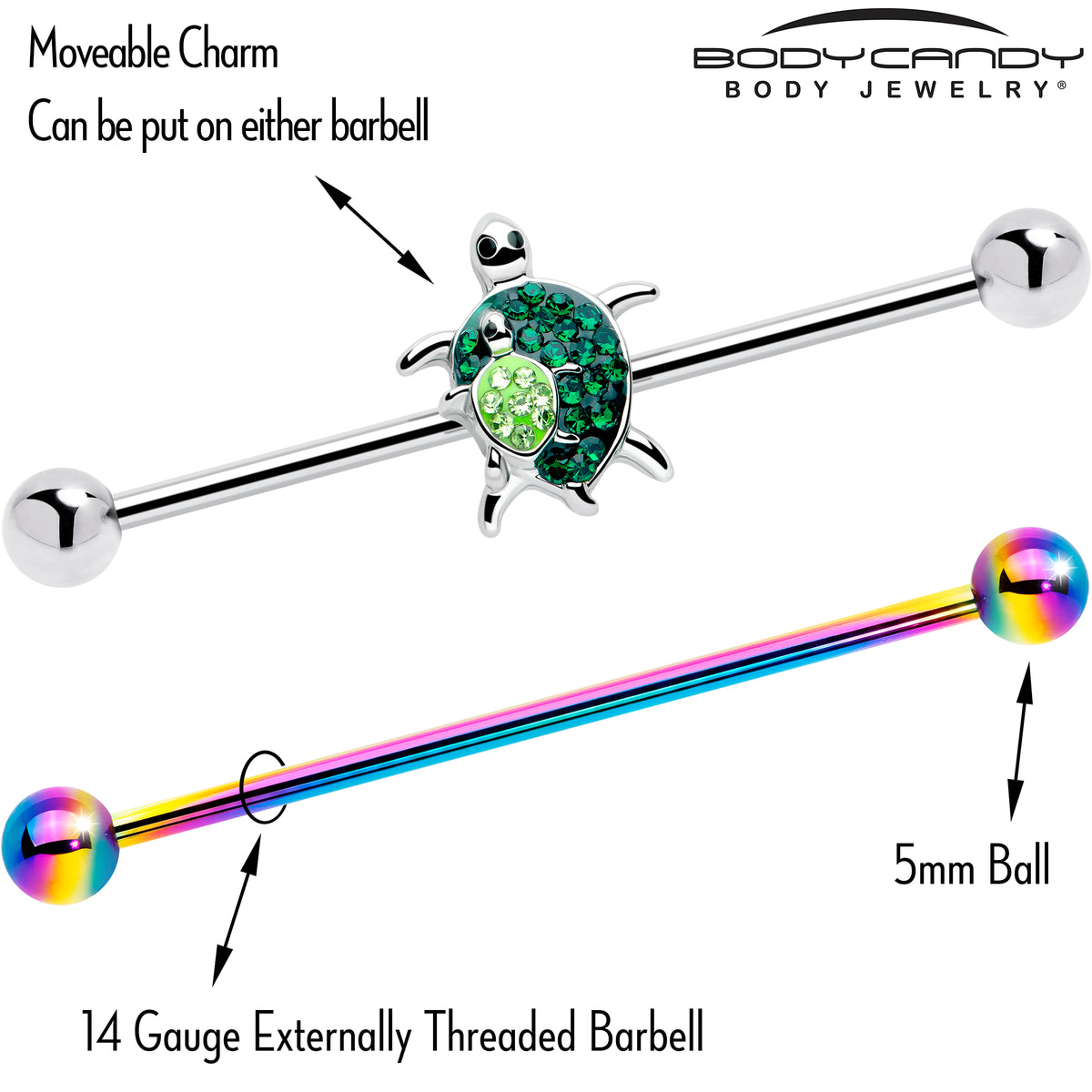 14G Green Gem Rainbow Turtle World Industrial Barbell 38mm Set of 2