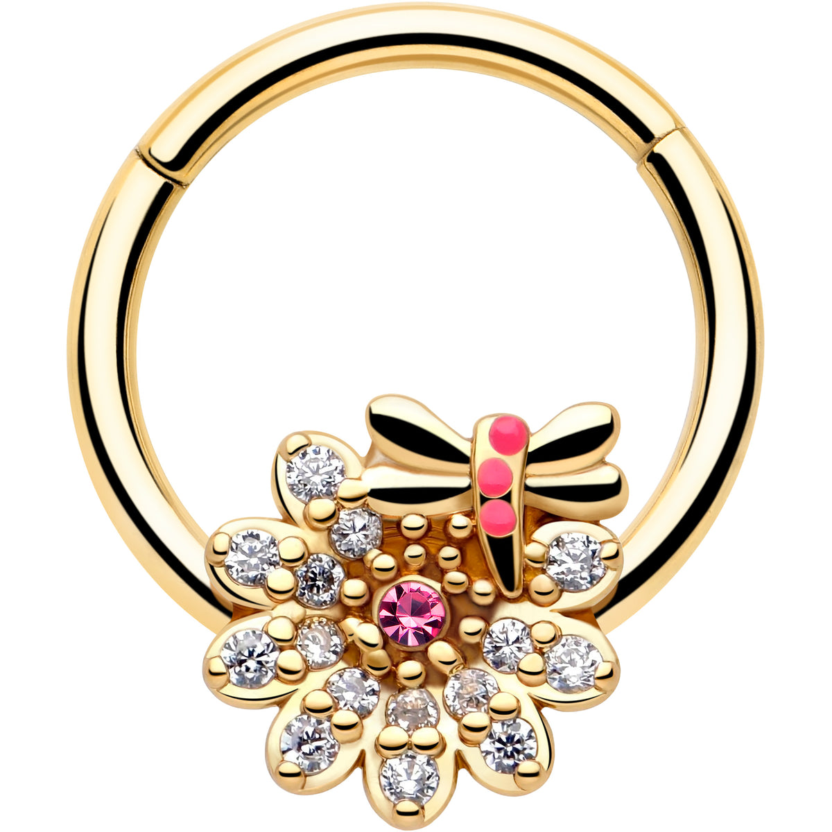 16G 3/8 Pink Gem Gold Tone Dragonfly Drama Hinged Segment Ring