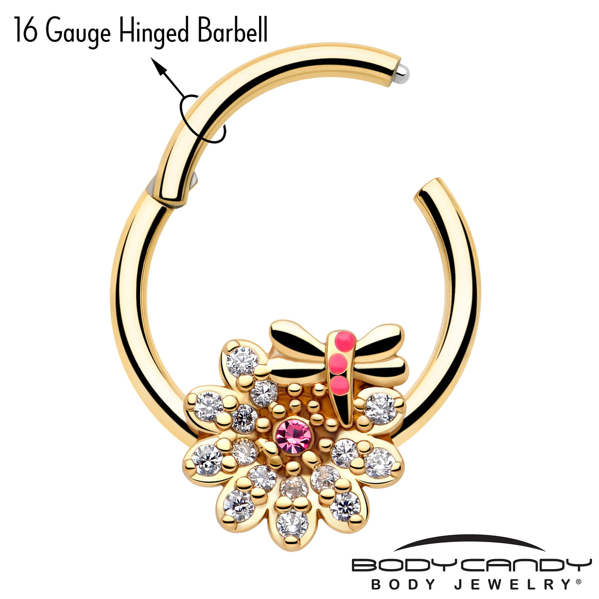 16G 3/8 Clear Pink Gem Gold Tone Flower Bug Hinged Segment Ring