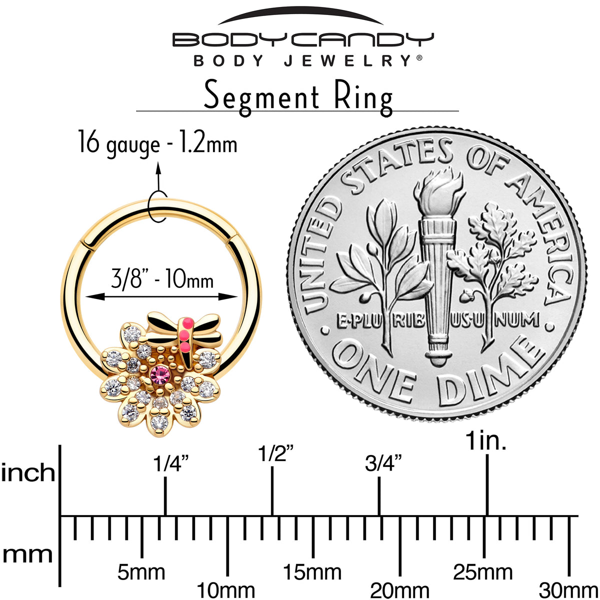 16G 3/8 Clear Pink Gem Gold Tone Flower Bug Hinged Segment Ring