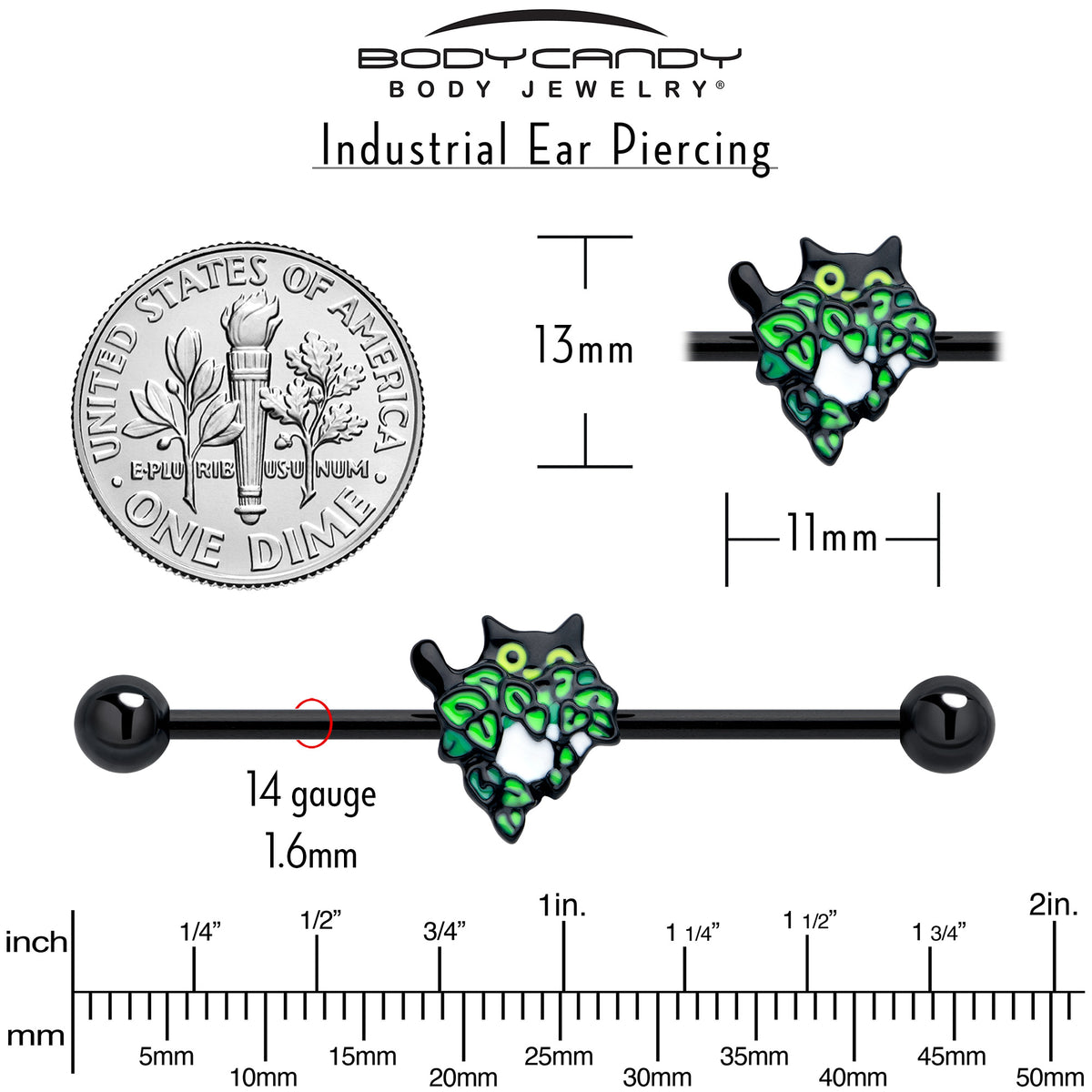 14G Black Pouncing Cat Industrial Barbell 38mm