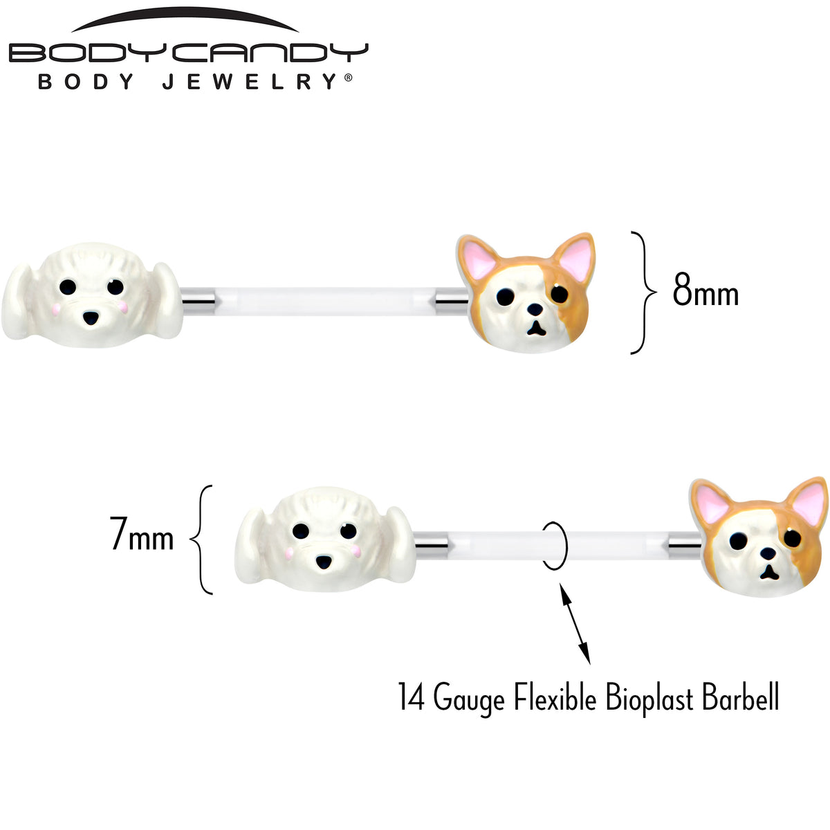 14G 9/16 Bioplast Puppy Dog Barbell Nipple Ring Set