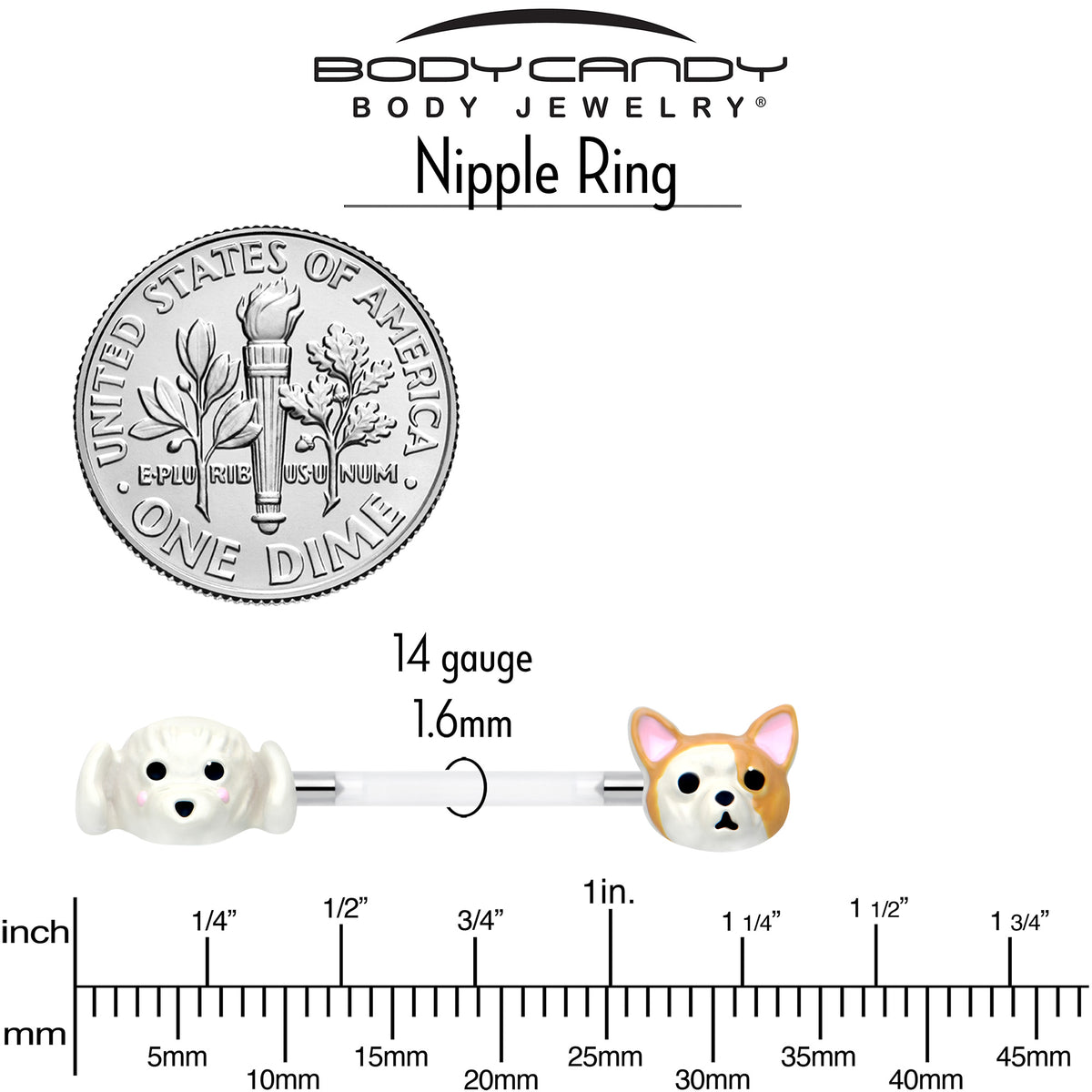 14G 9/16 Bioplast Puppy Dog Barbell Nipple Ring Set