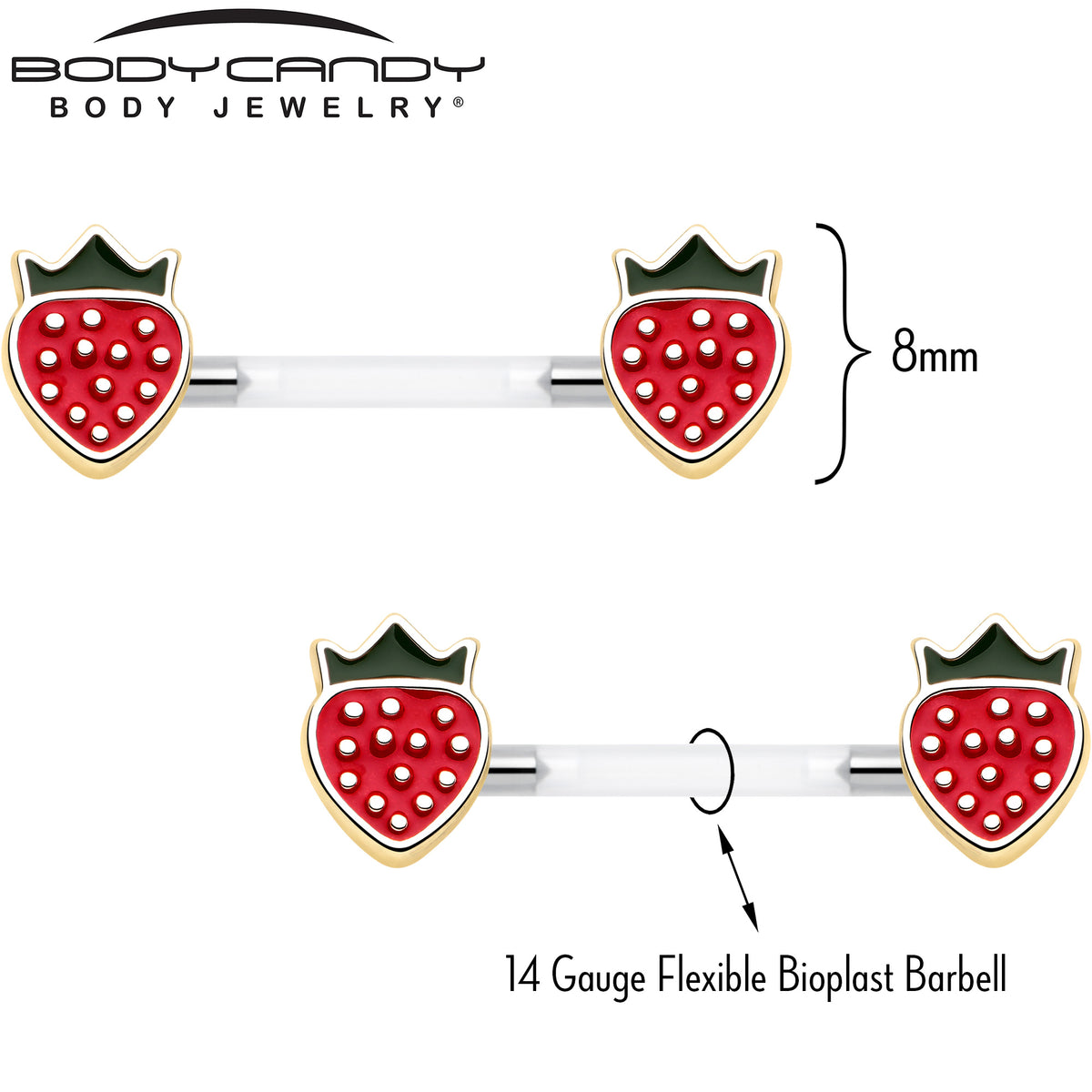 14G 9/16 Bioplast Delicious Strawberry Barbell Nipple Ring Set