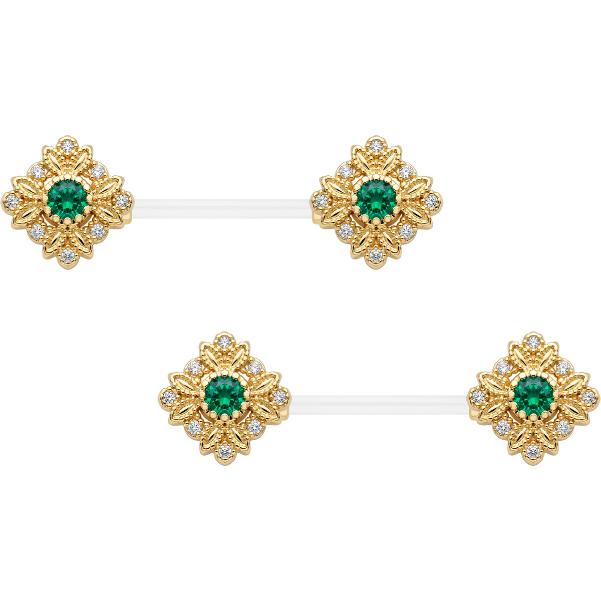 14G 9/16 Gem Bioplast Deco Age Barbell Nipple Ring Set