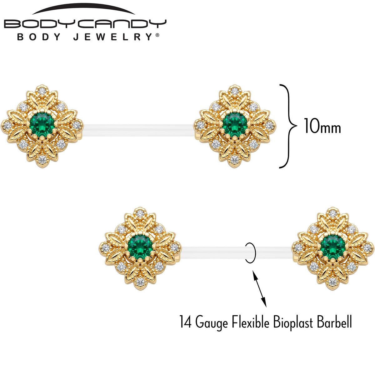 14G 9/16 Gem Bioplast Deco Age Barbell Nipple Ring Set