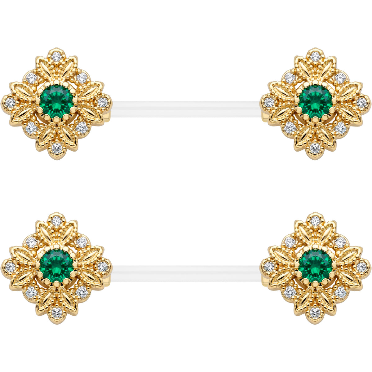 14G 9/16 Gem Bioplast Deco Age Barbell Nipple Ring Set