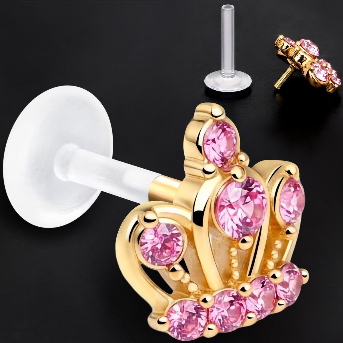 16G 5/16 Pink Gem Epic Crown PTFE Bioplast Labret Monroe Tragus