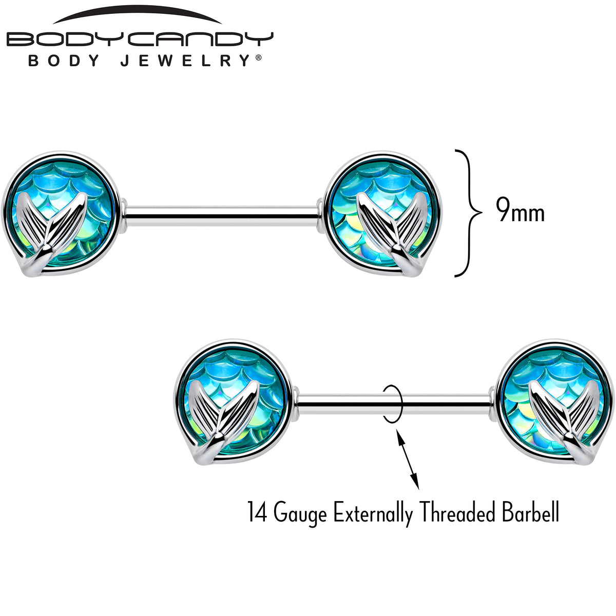 14G 9/16 Mermaid Blue Scale Tail Barbell Nipple Ring Set