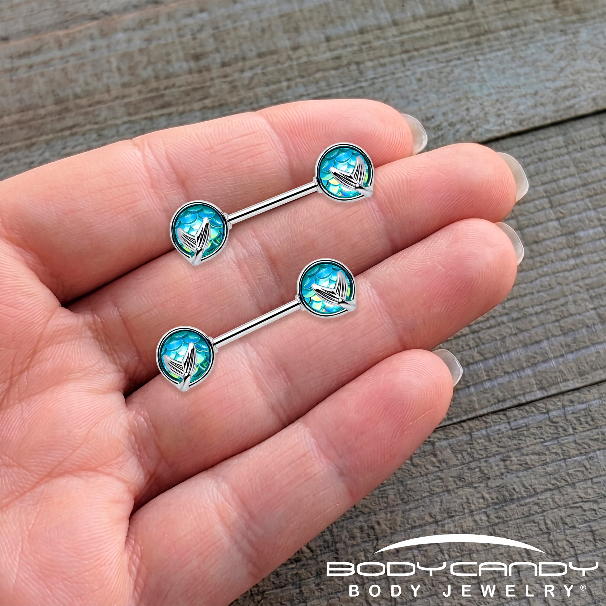 14G 9/16 Mermaid Blue Scale Tail Barbell Nipple Ring Set