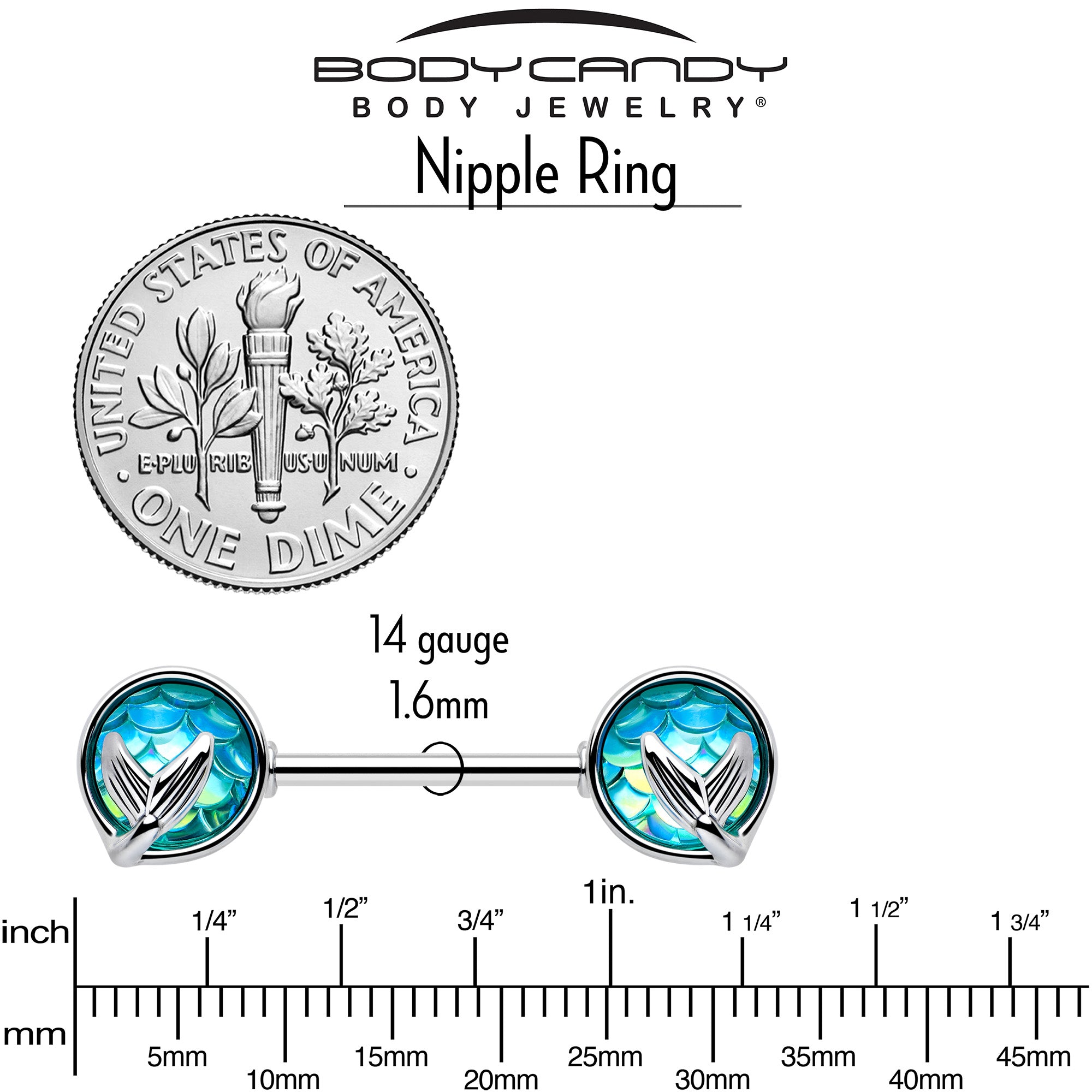 14G 9/16 Mermaid Blue Scale Tail Barbell Nipple Ring Set