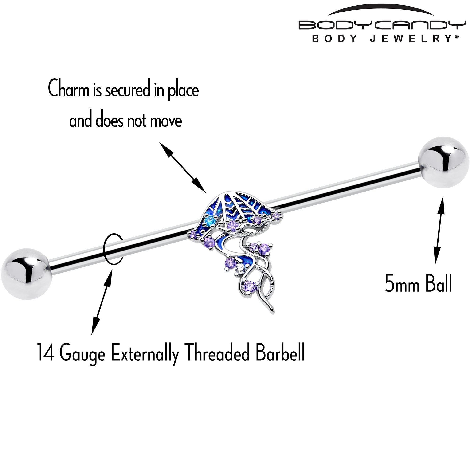 14G Clear Blue CZ Gem Jellyfish Blue Industrial Barbell 38mm