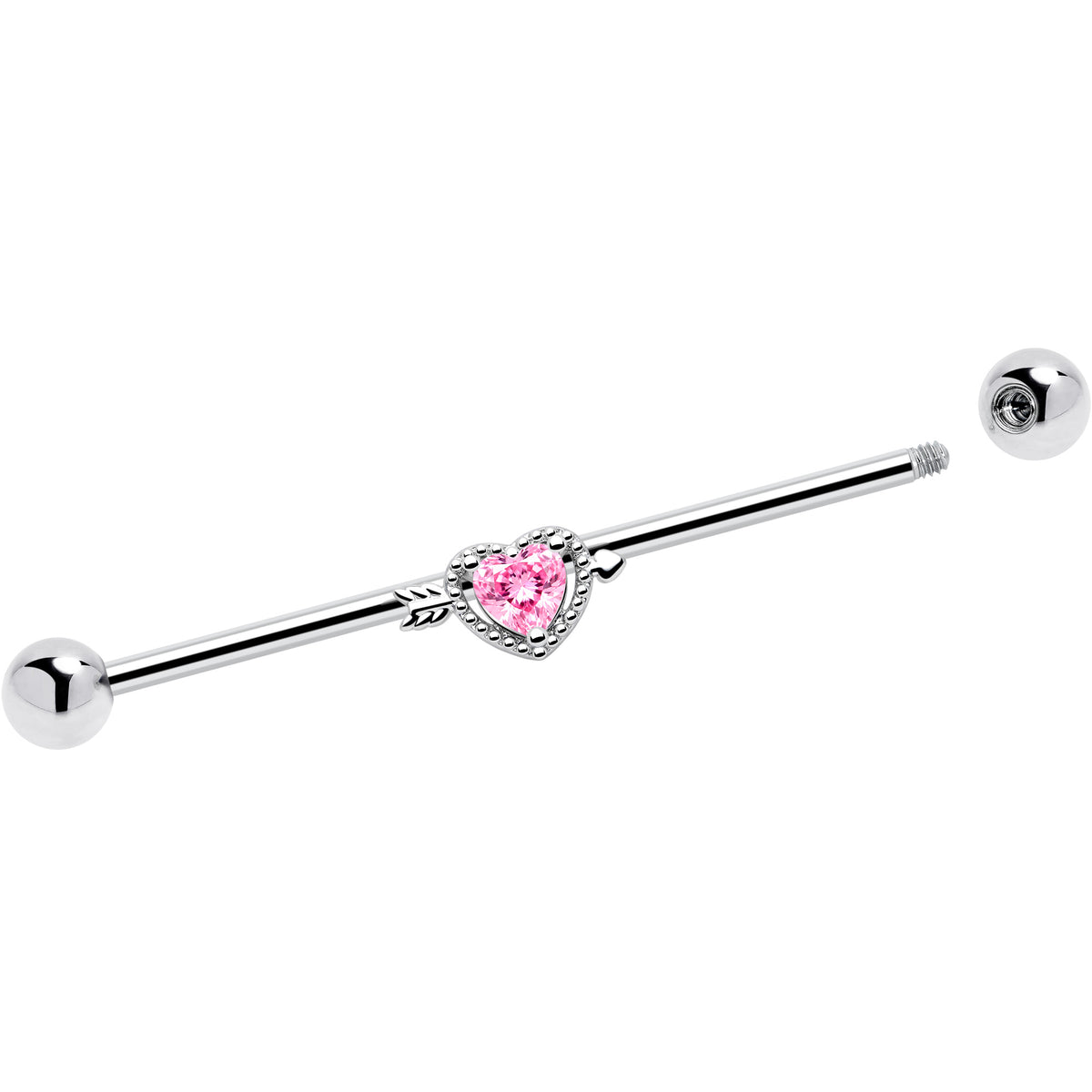 14G Pink Clear CZ Gem Fusion Of Love Heart Industrial Barbell 38mm