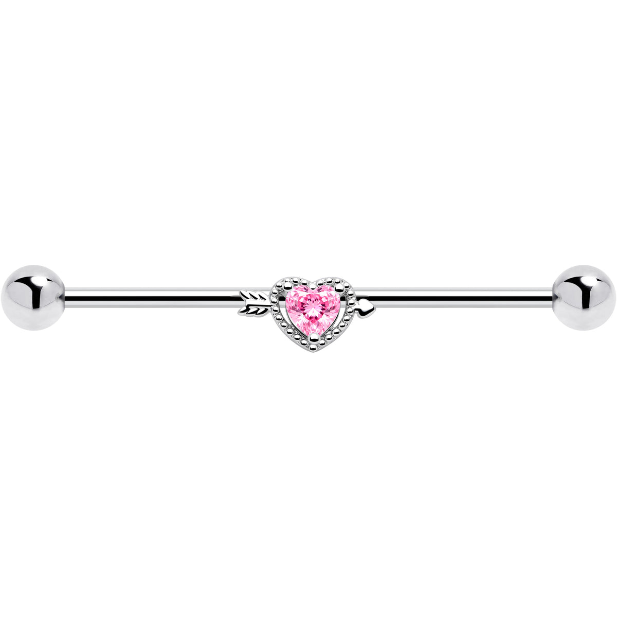 14G Pink Clear CZ Gem Fusion Of Love Heart Industrial Barbell 38mm