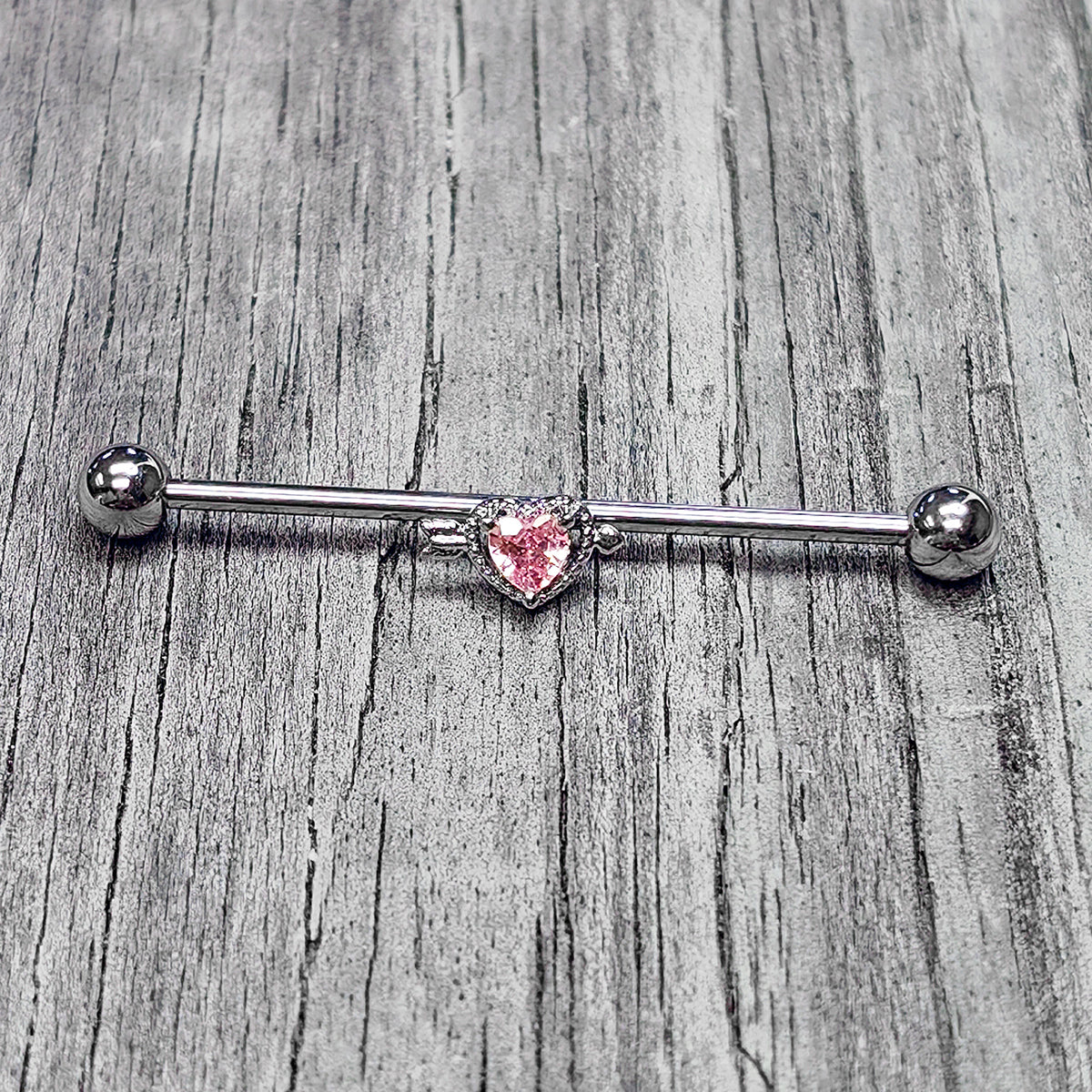 14G Pink Clear CZ Gem Fusion Of Love Heart Industrial Barbell 38mm